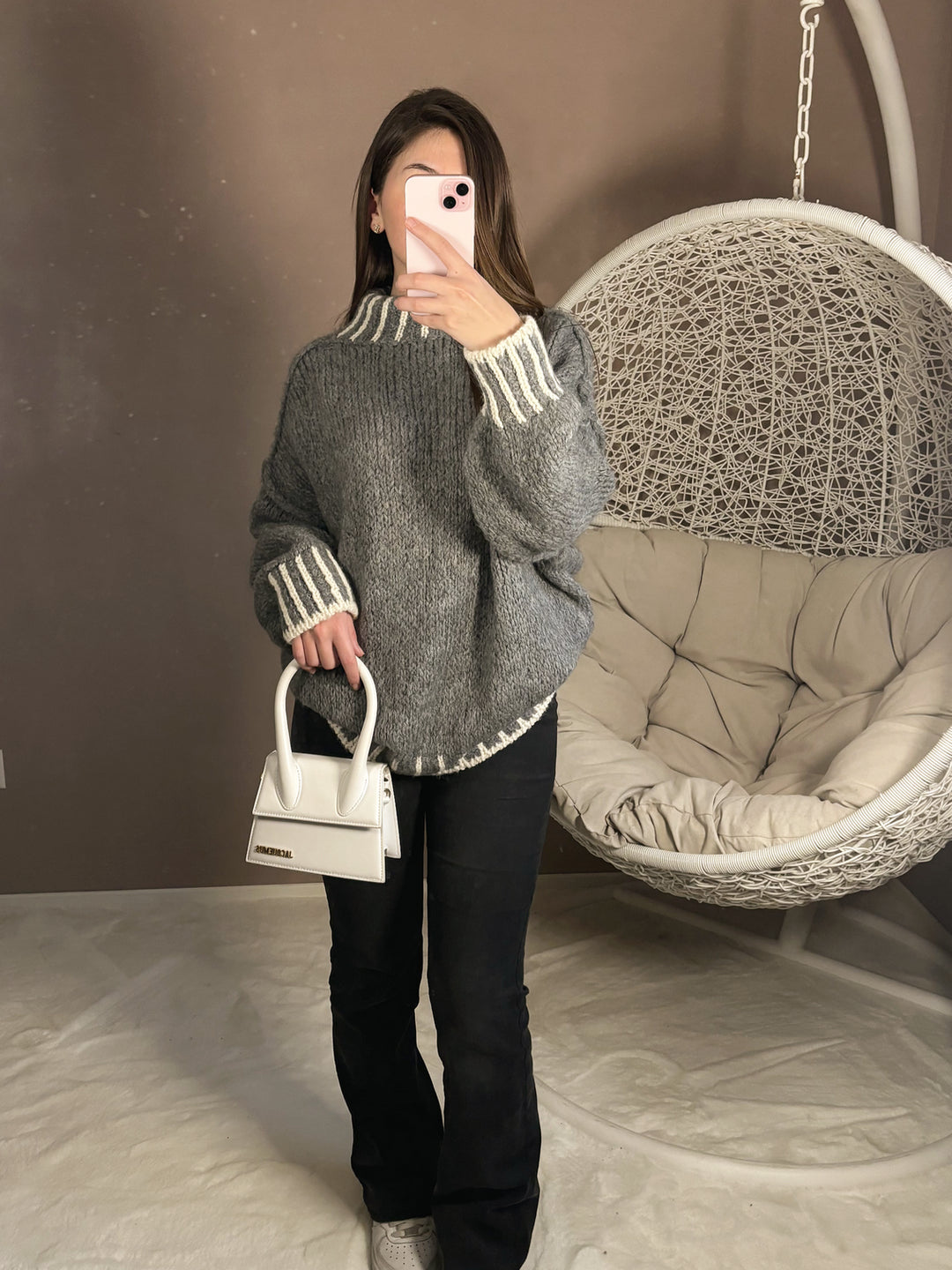 Pull oversize gris à motifs