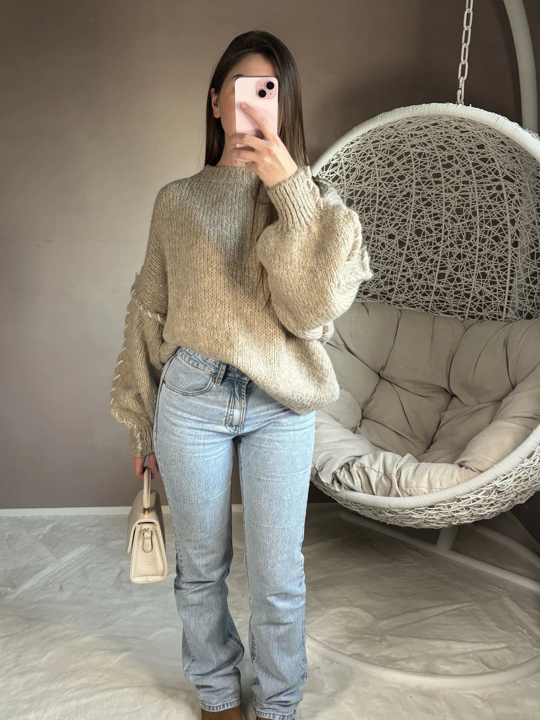 Pull beige avec bordures