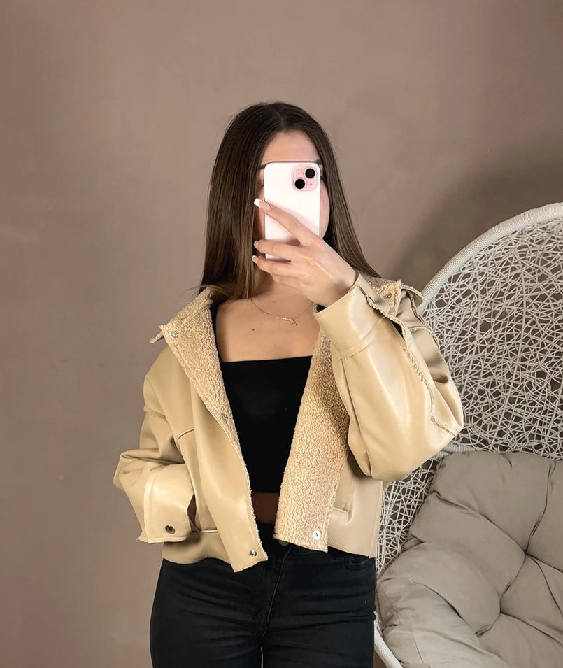 Veste bombardier fourrée beige